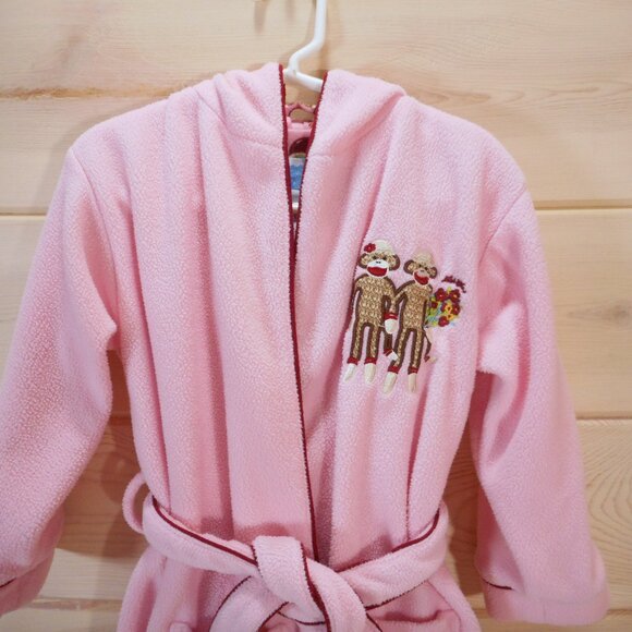 Nick and Nora Toddler Girls Size 3T Pink Sock Monkey Hooded Fleece Robe Belted - Picture 2 of 11